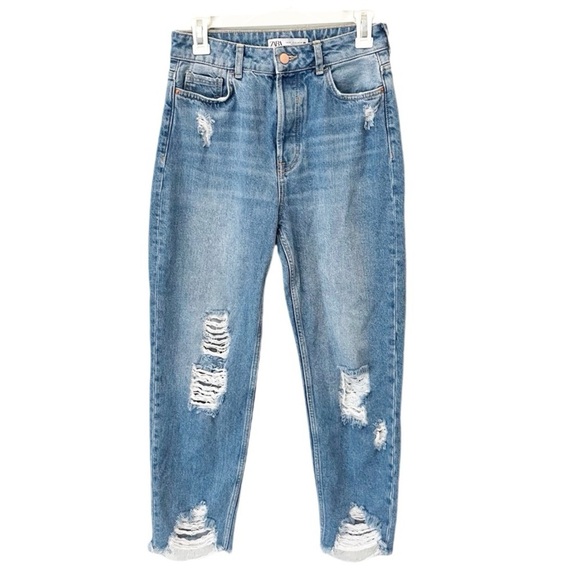Zara Jeans Women's 4 Light Wash Distressed Destroyed Chewed Hem High Rise Button - Picture 1 of 7